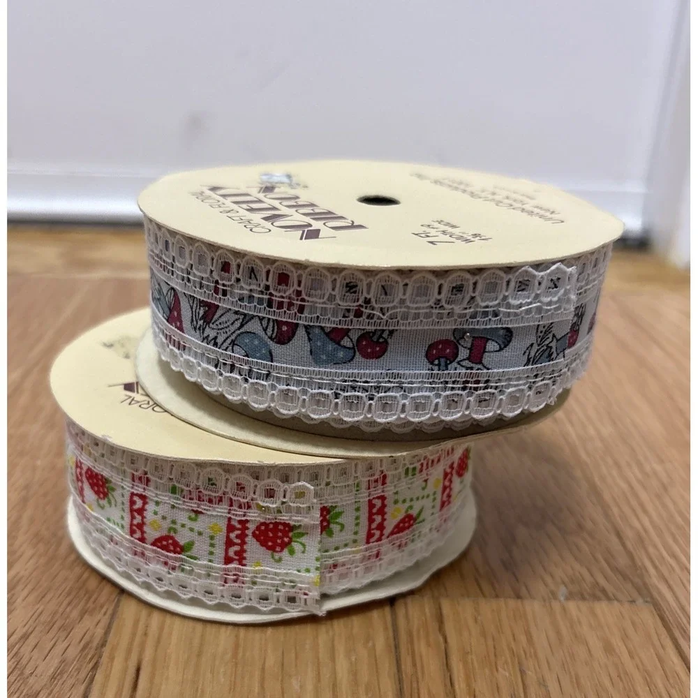 Vintage Embroidered Knitted Ribbon Bundle Of 2 - Strawberry & Mushroom